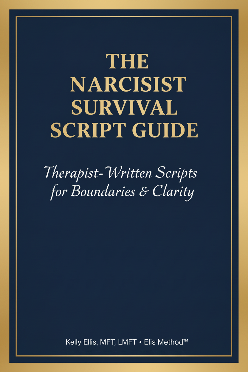 The Narcissist Survival Script Guide — minimalist navy and gold digital product cover by Kelly Ellis, MFT, LMFT, Ellis Method